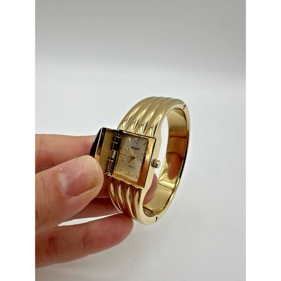 Gruen GR7425 Vintage Gold Tone Hinged Bangle Watch Blue Faceted Dial main image 9